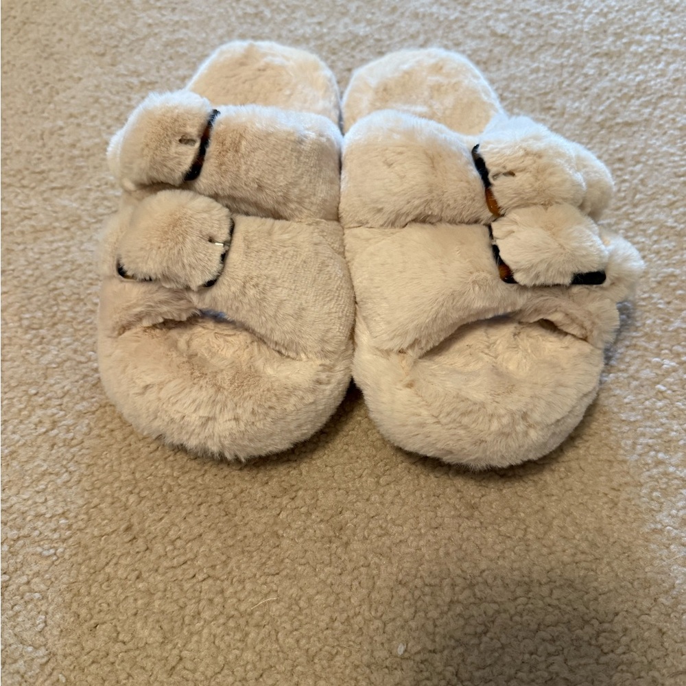 LOFT Cream Plush Slippers with Buckle Straps